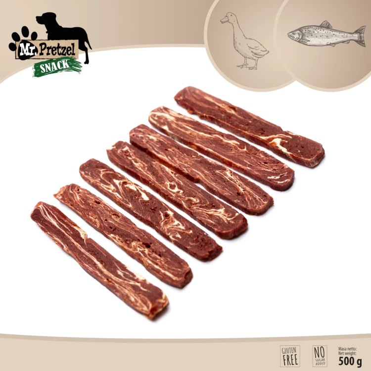Przysmak, przekąska dla psa Paski, Filety z Kaczki i Dorsza Mr.Pretzel 500g