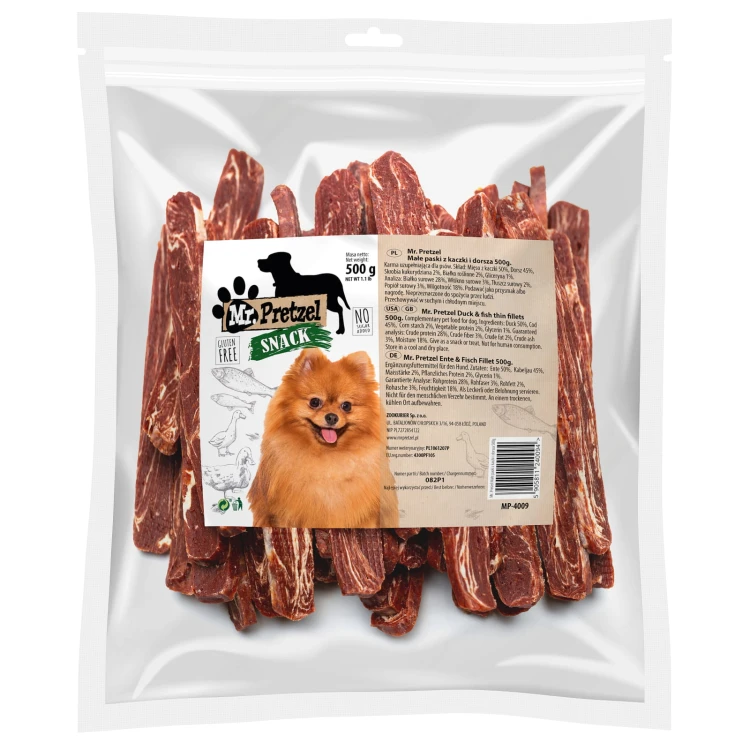 Przysmak, przekąska dla psa Paski, Filety z Kaczki i Dorsza Mr.Pretzel 500g