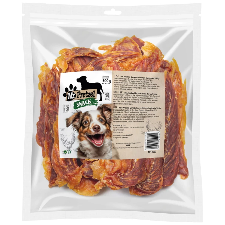 Przysmak, przekąska dla psa Suszone Filety z Kurczaka (92%) Mr.Pretzel 500g