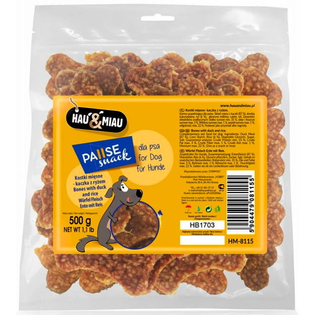 Przysmak, przekąska dla psa Kostki mięsne Kaczka z Ryżem Hau&amp;Miau 500g