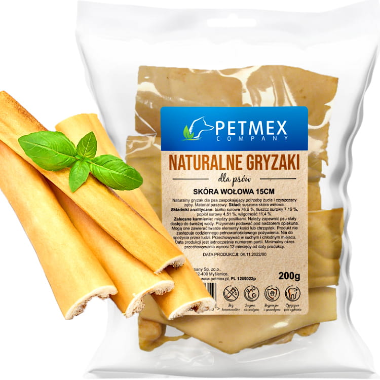 Przysmak, naturalny gryzak dla psa Suszona Skóra Wołowa Petmex 15 cm, 200 g
