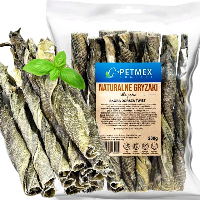 Przysmak, naturalny gryzak dla psa Suszona Skóra Dorsza Twist Petmex 200g