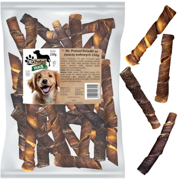Przysmak, naturalny gryzak dla psa Żwacze Wołowe Roladki Mr. Pretzel 250g