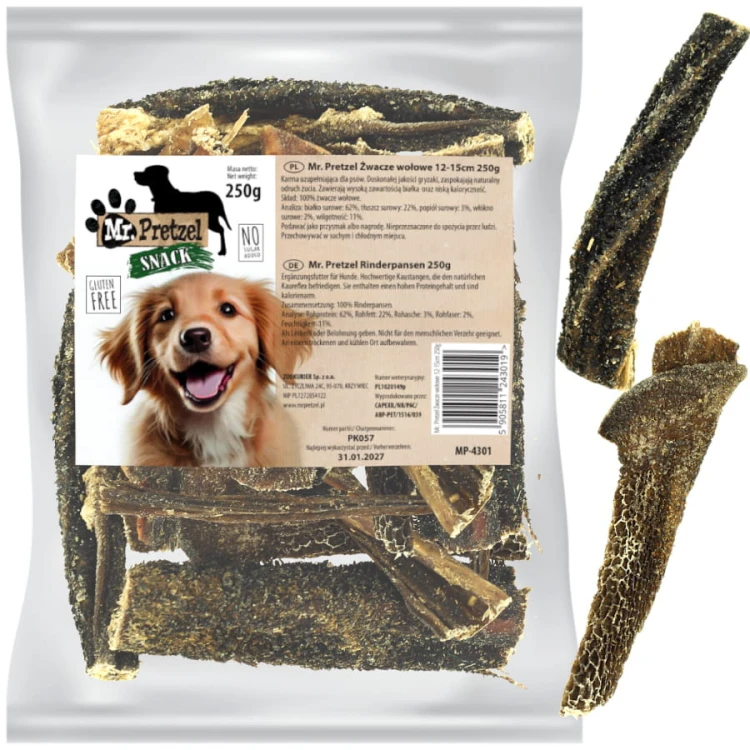 Przysmak, naturalny gryzak dla psa Suszone Żwacze Wołowe Mr. Pretzel 250g