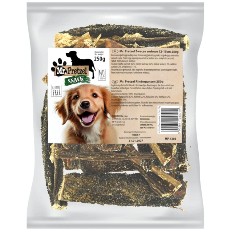 Przysmak, naturalny gryzak dla psa Suszone Żwacze Wołowe Mr. Pretzel 250g