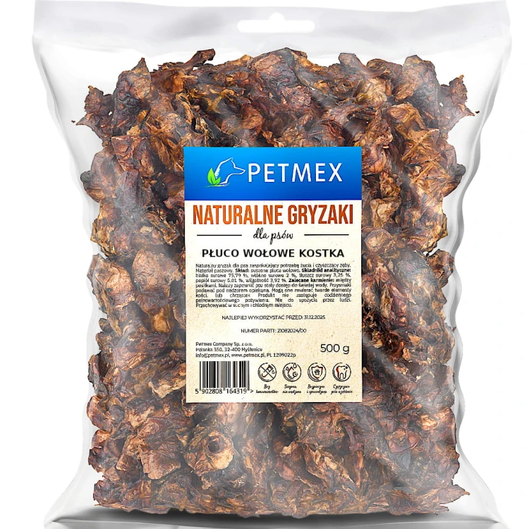 Przysmak, naturalny gryzak dla psa Płuco, Płuca Wołowe Kostka Petmex 500g