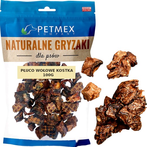 Przysmak, naturalny gryzak dla psa Płuco, Płuca Wołowe Kostka Petmex 100g